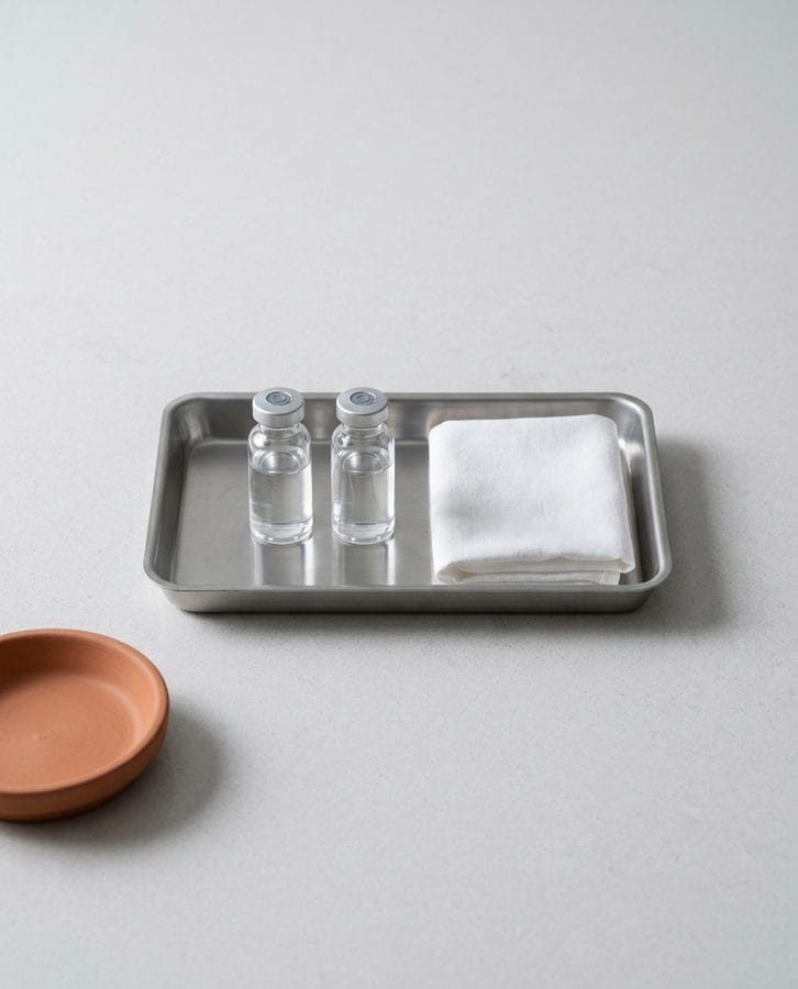 A stainless tray with two plain unlabelled glass vials and a folded white cloth on a pale counter.