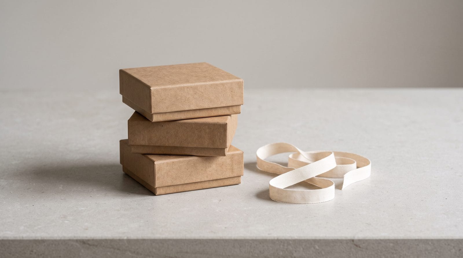 A small stack of plain unmarked kraft boxes and a length of narrow cotton ribbon on a pale counter.