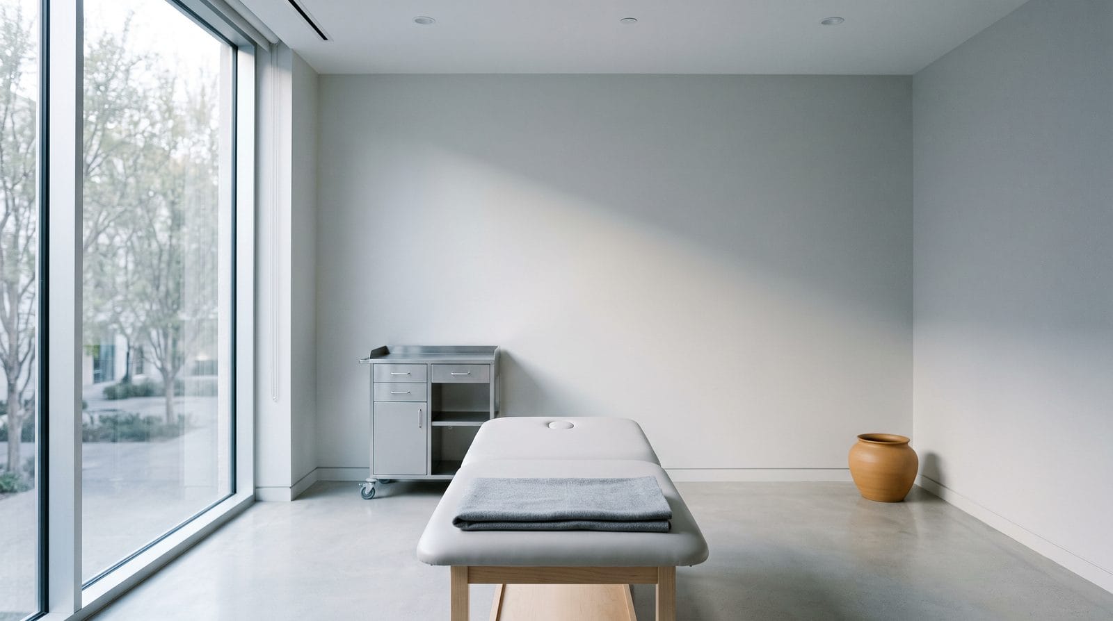 A wide empty treatment room with a flat pale bed, a folded blanket and a plain console on casters.