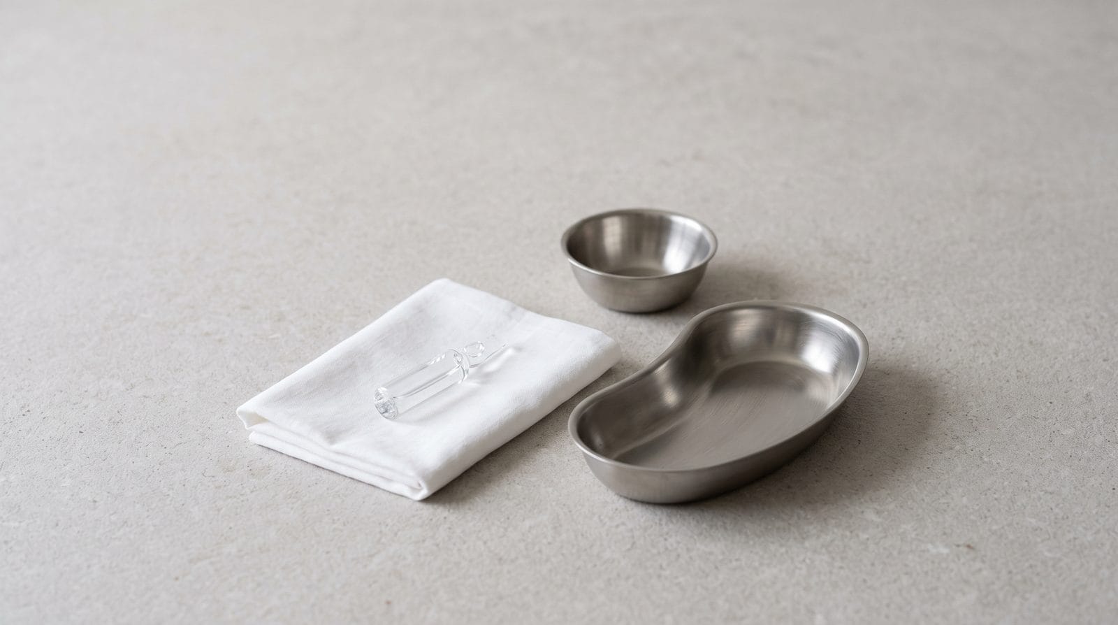 A plain unlabeled glass ampoule on a folded white cloth beside a stainless kidney dish.