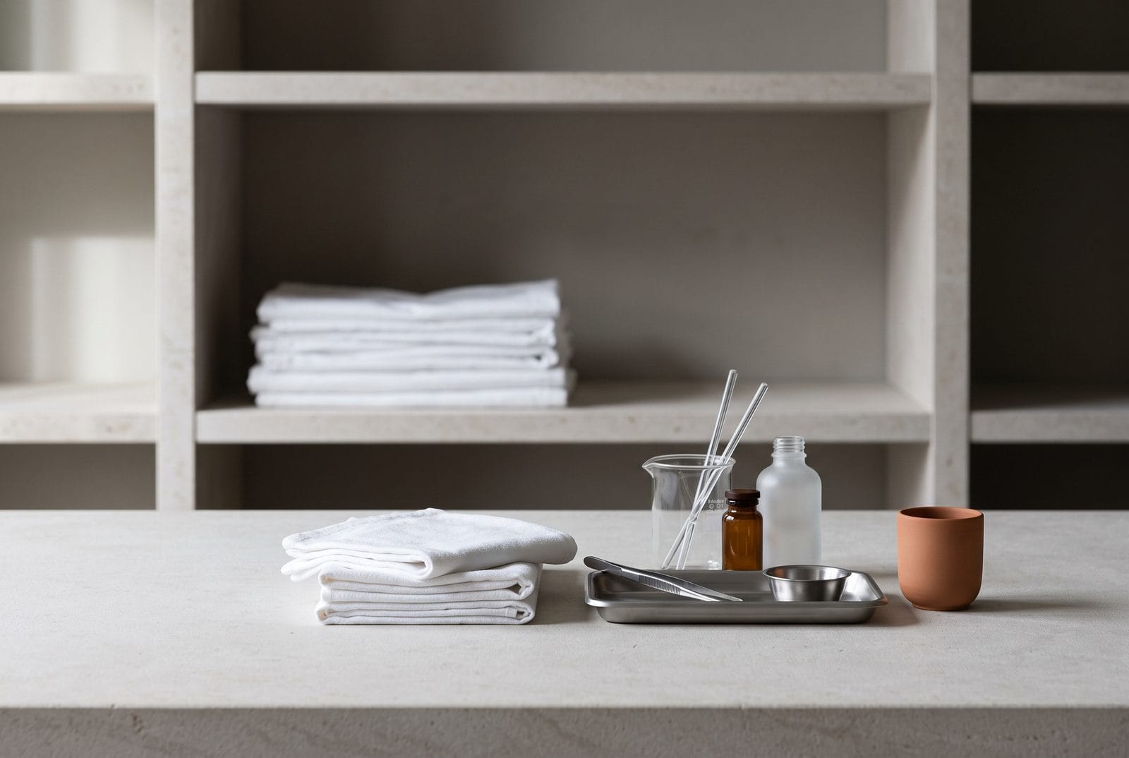 A stack of folded white treatment linen on a pale open shelf.