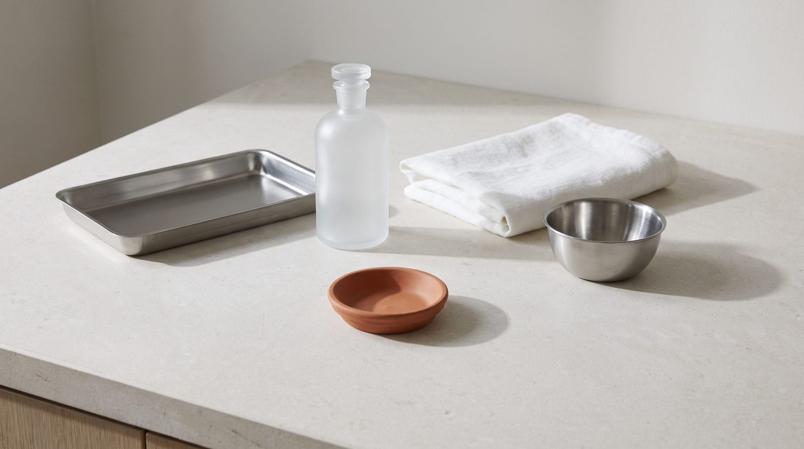 Four small clinical objects spaced far apart along a wide pale stone counter.