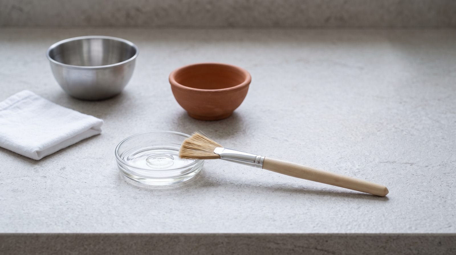 A shallow glass dish of clear liquid beside a wide flat brush on a pale counter.