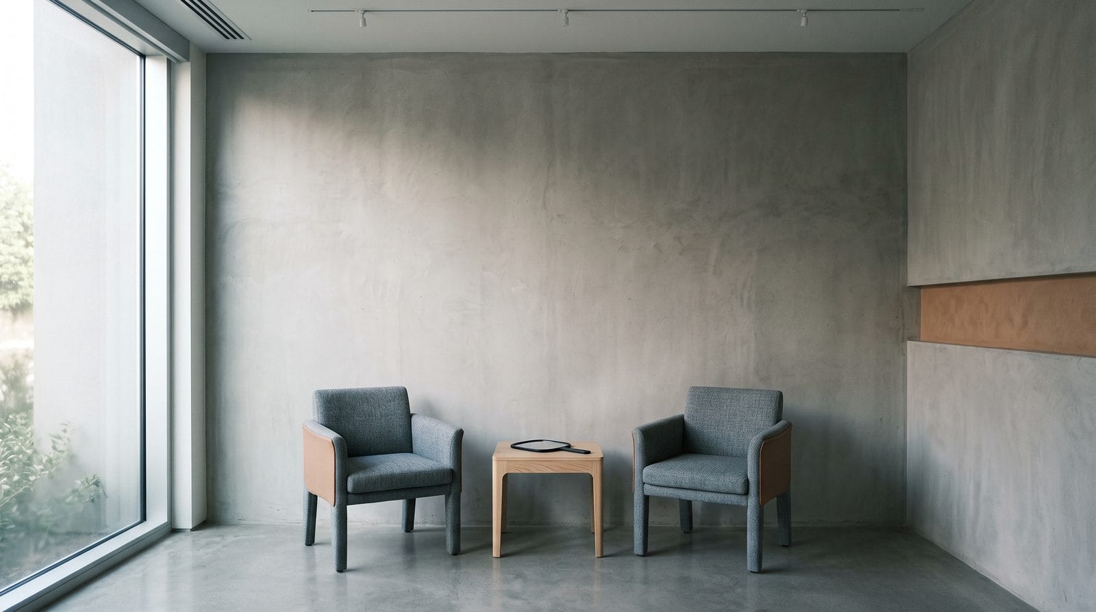 A consultation corner with two plain chairs either side of a small pale table and a hand mirror lying face down.