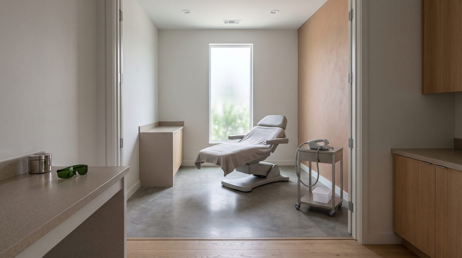 An empty treatment room with a reclined chair, a plain handpiece in its cradle and opaque goggles on the counter.