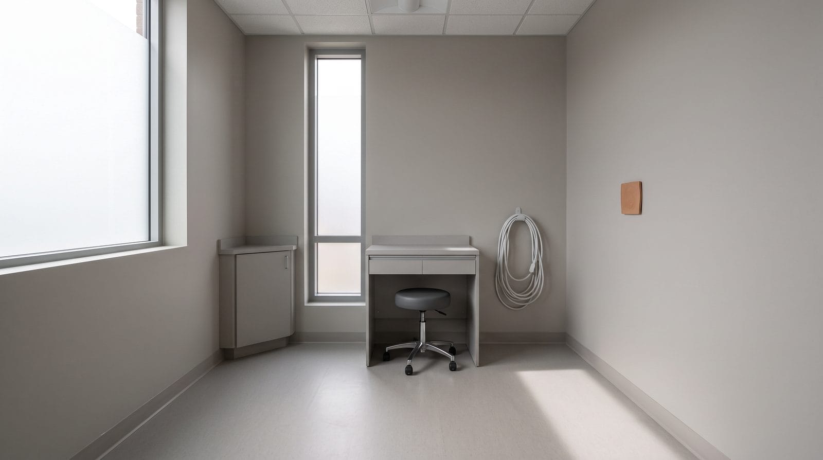 A treatment room corner with a rolling stool tucked under a plain cart and a coiled cable on its hook.